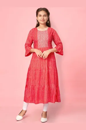 Sangria Girls Red Bandhani Printed Sequiened Cotton Anarkali Kurta