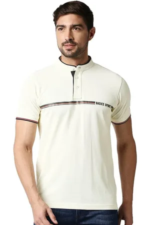 Basics Men Striped Mandarin Collar Cotton T-shirt