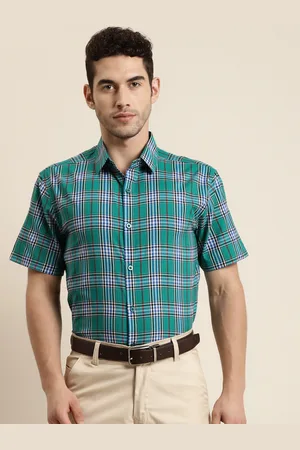 SOJANYA Men Green & Blue Classic Regular Fit Checked Pure Cotton Formal Shirt