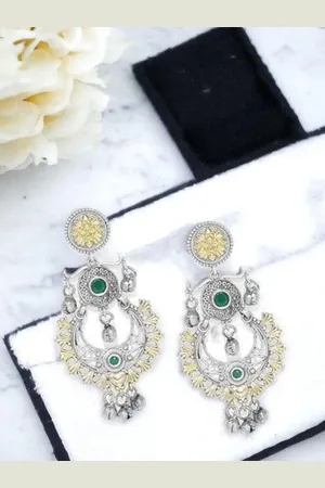Sangria German Silver-Plated Emerald Studded Circular Chandbalis