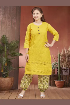 Sangria Girls Yellow Floral Embroidered Round Neck Straight Kurta