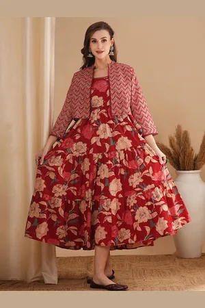 FASHOR Women Floral Printed A-Line Tiered Midi Cotton Dress with Printed Jacket