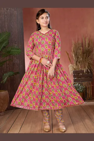 Sangria Girls Pink Floral Printed V-Neck Pure Cotton Angrakha Kurta