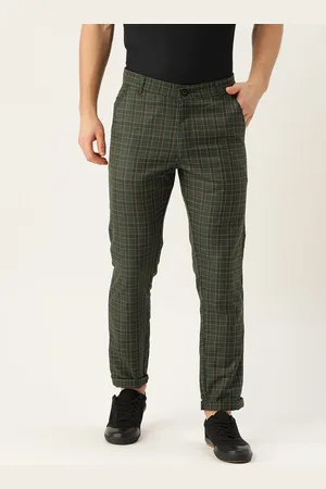 SOJANYA Men Green & Yellow Smart Fit Checked Regular Trousers