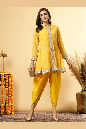 Get Glamr Women Bandhani Printed Regular Sequinned Kurti with Dhoti Pants