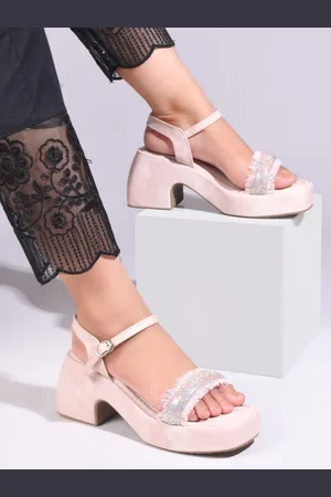JM Looks Women Textured Rhinestone Straps Block Heels Sandals