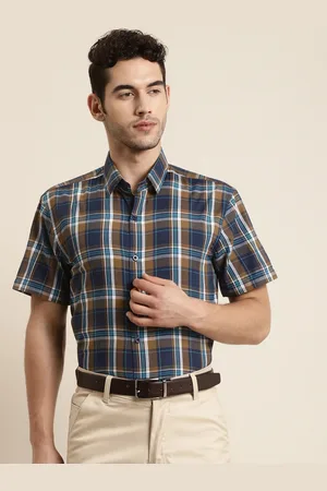 SOJANYA Men Navy Blue & Mustard Yellow Classic Fit Checked Pure Cotton Formal Shirt