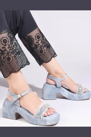 JM Looks Women Rhinestone Embellished Denim Block Sandals