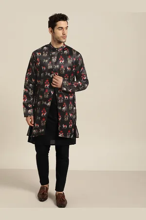 SOJANYA Men Black & Red Quirky Print Longline Tailored Jacket