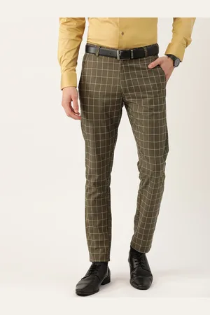 SOJANYA Men Olive Brown & White Smart Fit Checked Formal Trousers