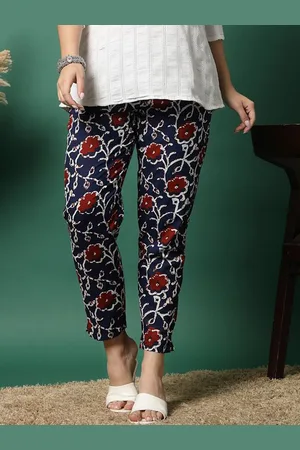 Sangria Women Floral Printed Relaxed Regular Fit Mid-Rise Cotton Trousers
