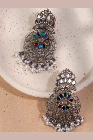 Sangria Silver-Plated Rhinestone Stone Studded Contemporary Drop Earrings