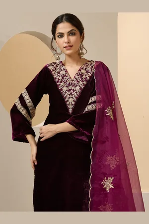 Ishin Women Ethnic Motifs Embroidered Regular Beads and Stones Velvet Kurta with Trousers & With Dupatta