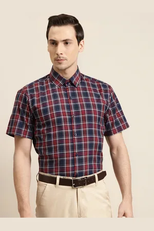 SOJANYA Men Red & Navy Blue Tartan Checked Regular Fit Cotton Formal Shirt