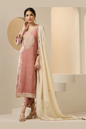 Ishin Women Ethnic Motifs Embroidered Regular Sequinned Velvet Kurta with Trousers & With Dupatta