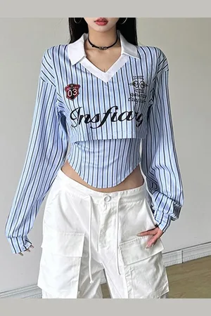 LULU & SKY Women Striped Printed Shirt Collar Crop Top