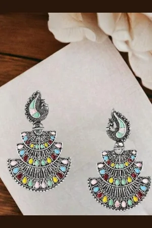 Sangria German Silver-Plated Rhinestone Studded Peacock Shaped Oxidized Drop Earrings