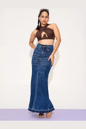 FREAKINS Women Denim Mid Slit Maxi Skirts