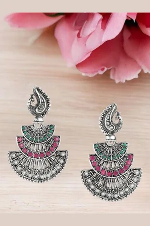 Sangria German Silver-Plated Rhinestone Studded Peacock Shaped Oxidized Drop Earrings