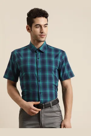 SOJANYA Men Navy Blue & Green Classic Regular Fit Checked Pure Cotton Formal Shirt