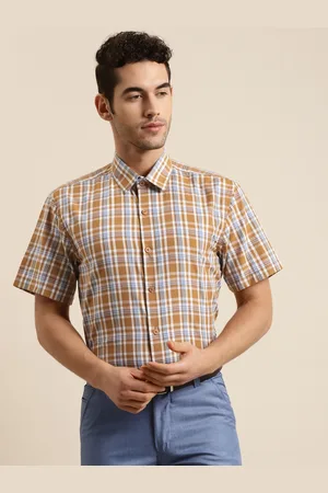 SOJANYA Men Mustard Yellow & White Classic Regular Fit Checked Pure Cotton Formal Shirt