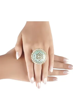 I Jewels White & Mint Green Gold Plated Meenakari Studded Adjustable Finger Ring