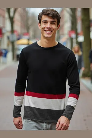 Bewakoof Black & Red Colourblocked Acrylic Flat Knit Pullover Sweater