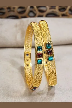 I Jewels Set of 2 Turquoise Blue & Red Gold-Plated Stone Studded Bangles