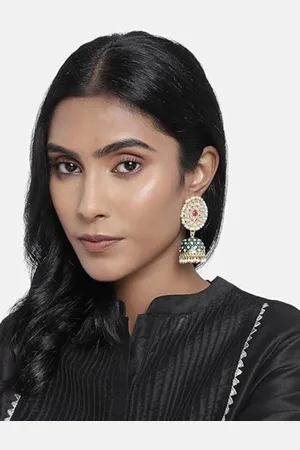 I Jewels Green Gold-Plated Kundan Pearl Studded Enamelled Dome Shaped Jhumkas Earrings