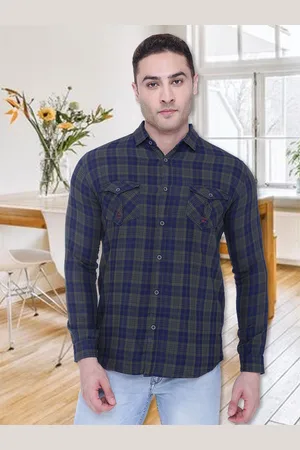 Kuons Avenue Men Olive Green & Blue Slim Fit Opaque Checked Casual Shirt