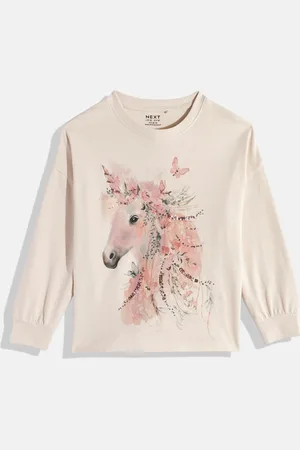 Next Girls Sequinned Printed Drop-Shoulder Sleeves Pure Cotton T-shirt