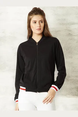 Miss Chase Women Stand Collar Solid Casual Bomber Jacket