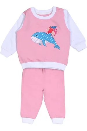 White Snow Infants Girls Printed Round Neck Fleece Sweatshirt With Joggers