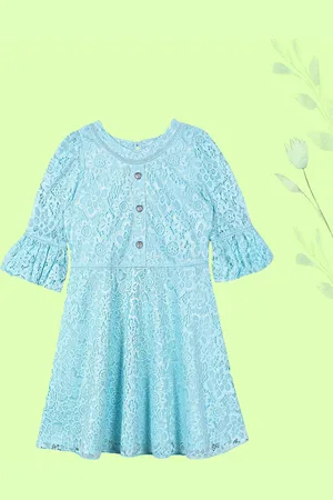 CACA CINA Girls Self Design Bell Sleeve Lace Fit & Flare Dress