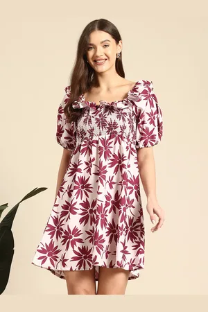 Mast & Harbour Floral Printed Smocked & Ruffled Detail Puff Sleeves A-Line Mini Dress