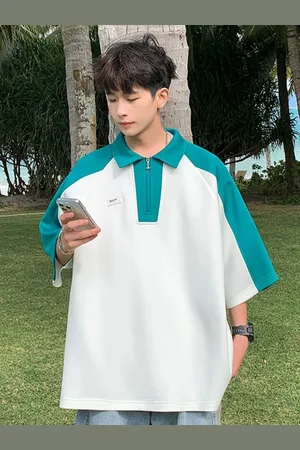 HERE&NOW Men Colourblocked Polo Collar Oversized T-shirt