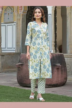 Divena World V-Neck Floral Printed Pure Cotton Straight Kurta with Trouser