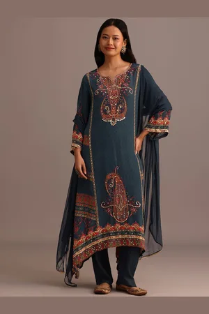 KALKI Fashion Paisley Printed Sequnnied Notch Neck A-Line Kurta with Trousers And Dupatta