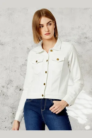 Miss Chase Women Spread Collar Solid Cotton Casual Denim Jacket