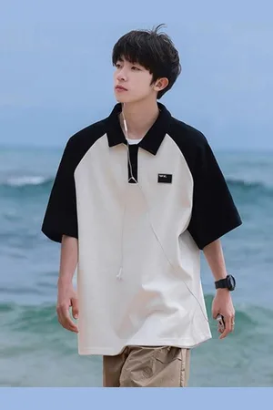 HERE&NOW Men Colourblocked Polo Collar Oversized T-shirt