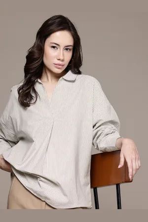 French Connection Striped Cuffed Sleeves Pure Cotton Shirt Style Top