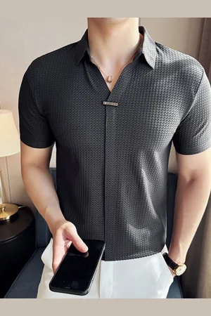 HERE&NOW Men Polo Collar Self Design Casual T-shirt