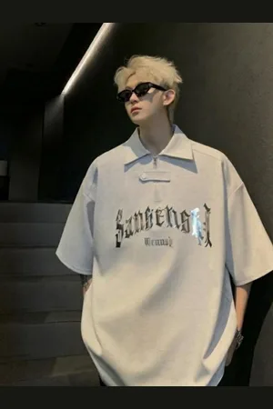 HERE&NOW Men Typography Printed Polo Collar Oversized T-shirt