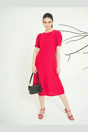 PURVAJA Women Puff Sleeve A-Line Midi Dress