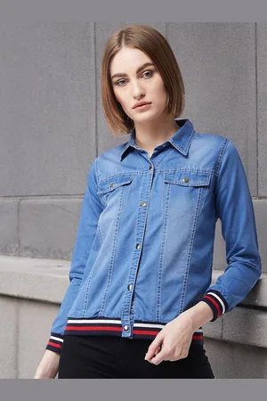 Miss Chase Women Spread Collar Washed Solid Cotton Casual Denim Jacket