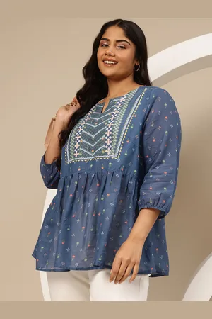 Sztori Plus Size Ethnic Motifs Print Pleated A-Line Pure Cotton Kurti