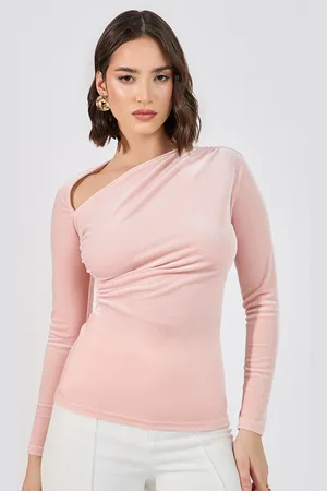 Styli Women Long Sleeves Velvet top with asymmetric Neckline and Ruching Details
