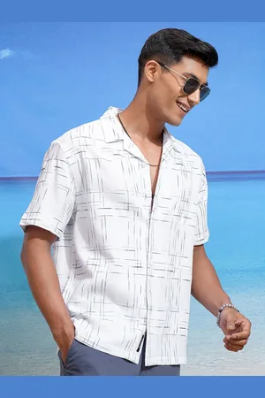 LocoMotive Men Cuban Collar Textured Solid Cotton Relaxed Fit Casual Shirt