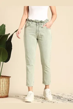 Mast & Harbour WomenMid-RIse Paperbag Waist Boyfriend Fit Cropped Jeans