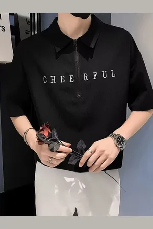 HERE&NOW Men Typography Printed Polo Collar Oversized T-shirt
